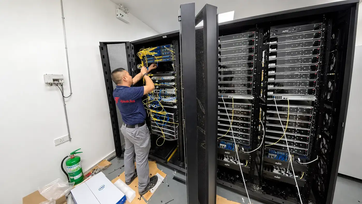 Technician finalizing a commercial wifi network setup in New Jersey