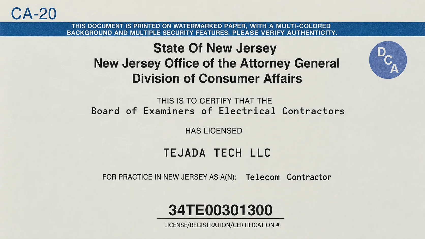 New Jersey Telecom Contractor registration for Tejada Tech LLC, number 34TE00301300