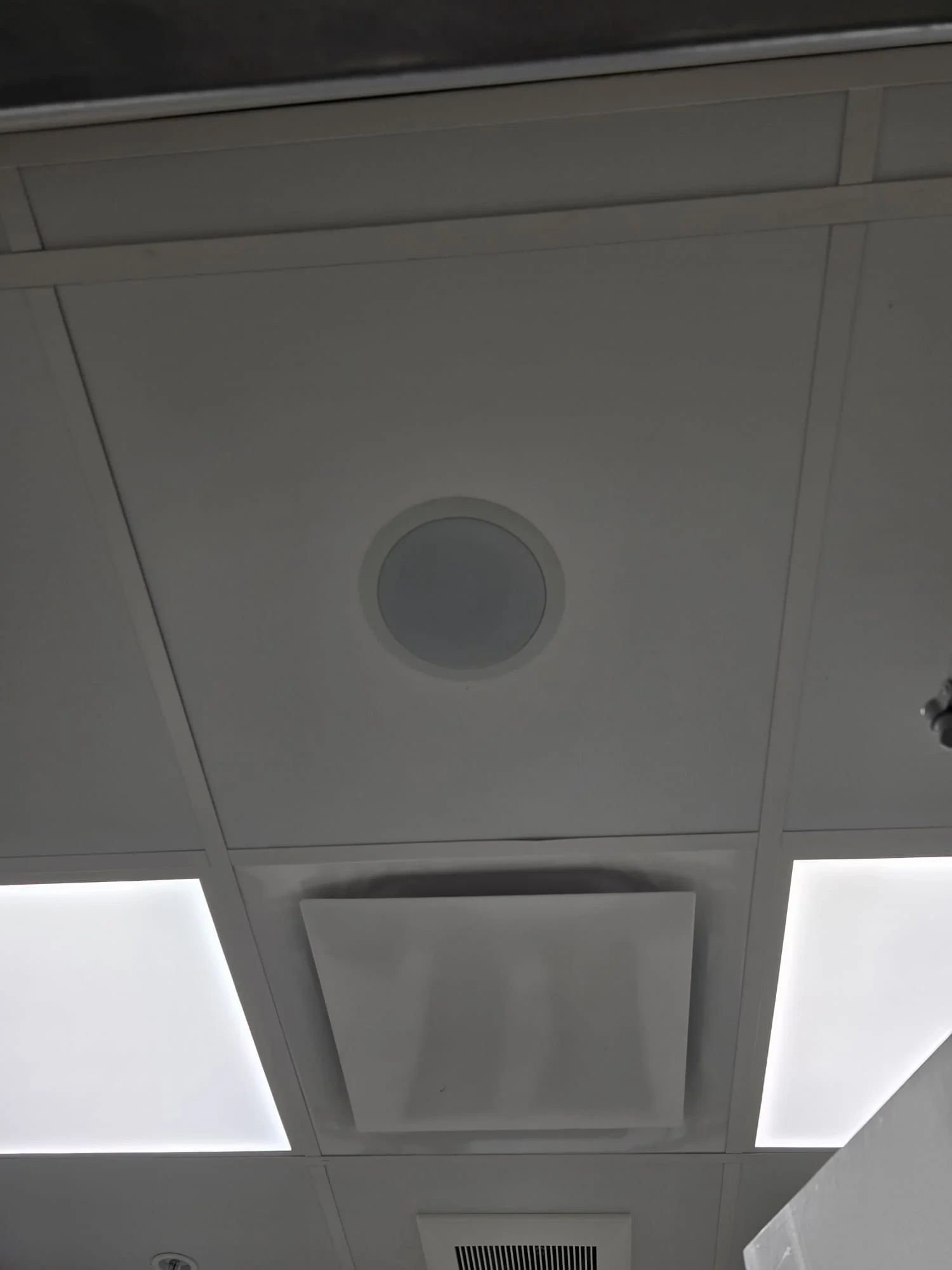 Ceiling-mounted security system device in a business interior
