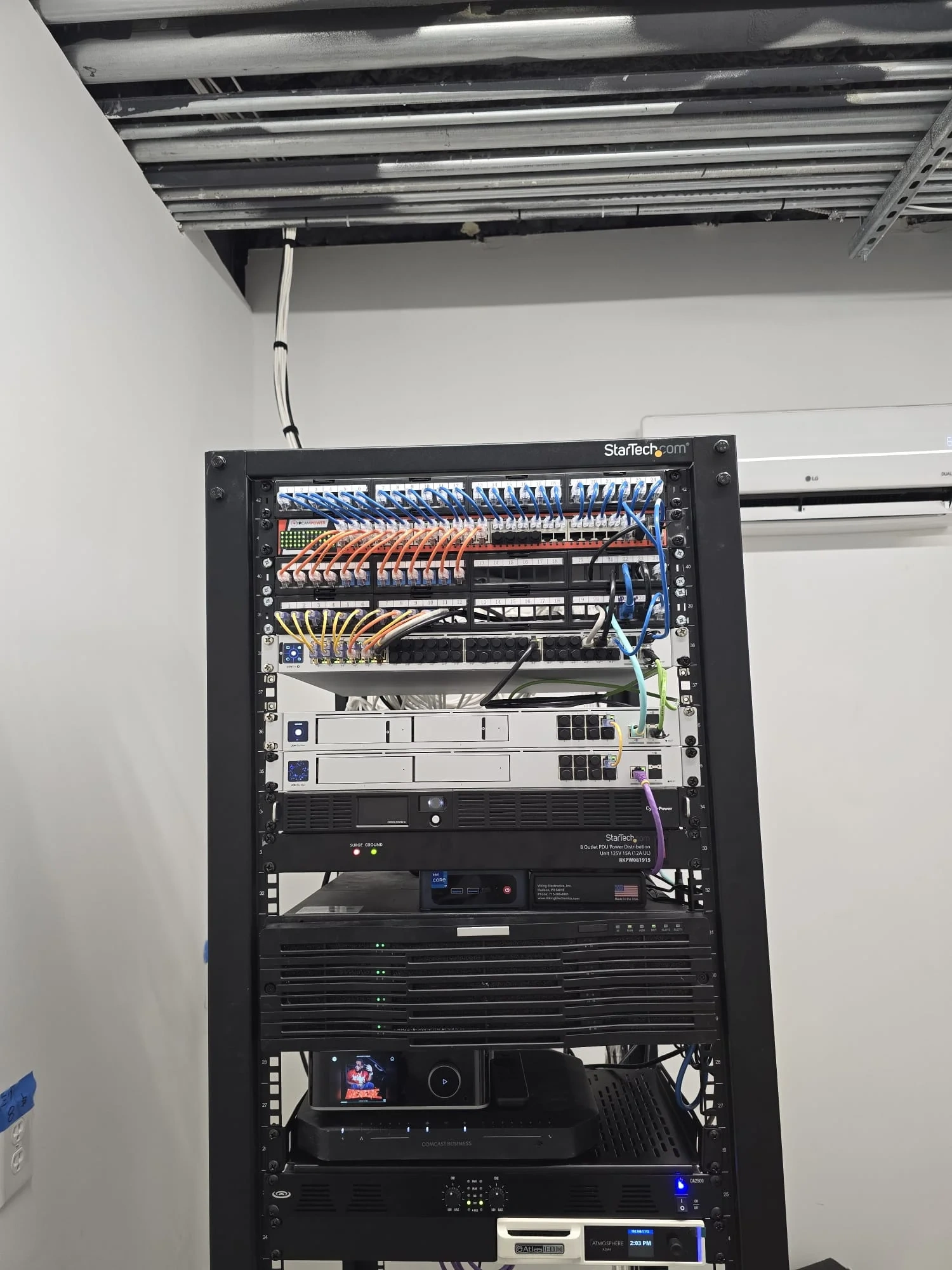 Commercial network rack installation with structured cabling