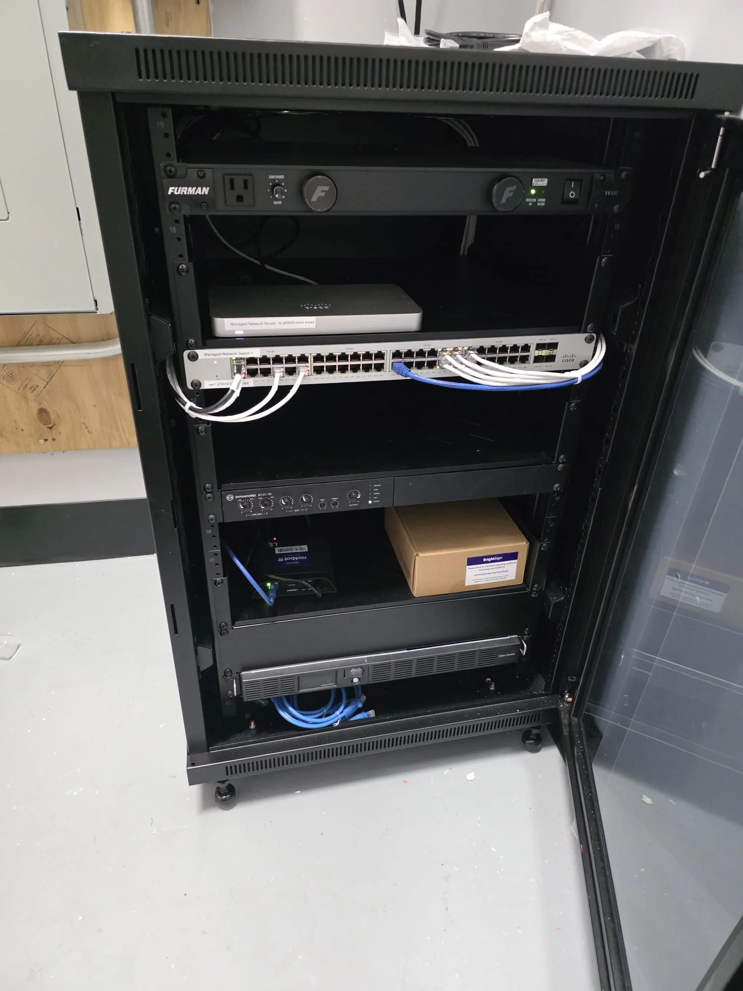 Compact network rack with organized equipment and Ethernet cabling