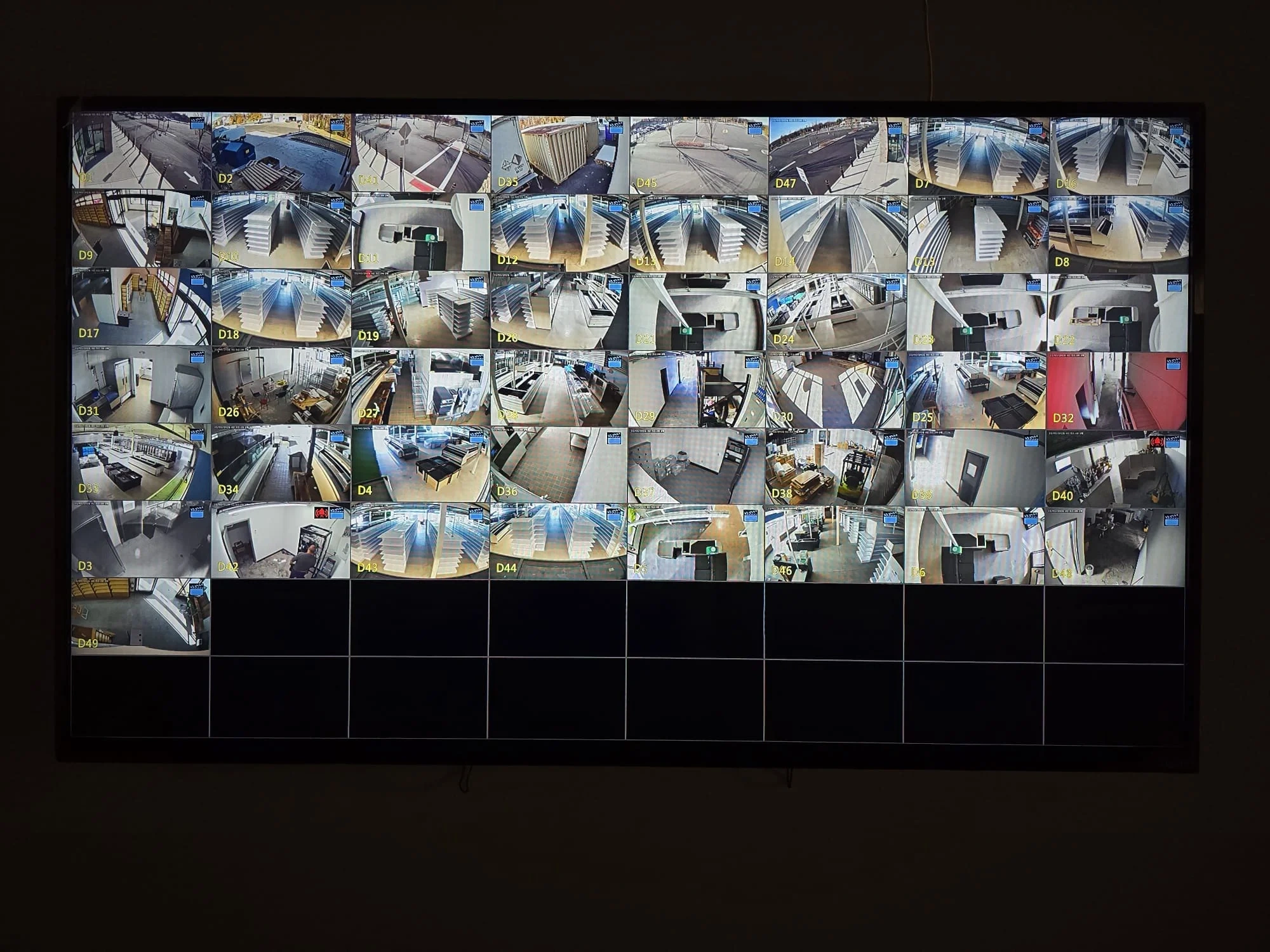 Security camera monitoring display showing multiple live video feeds