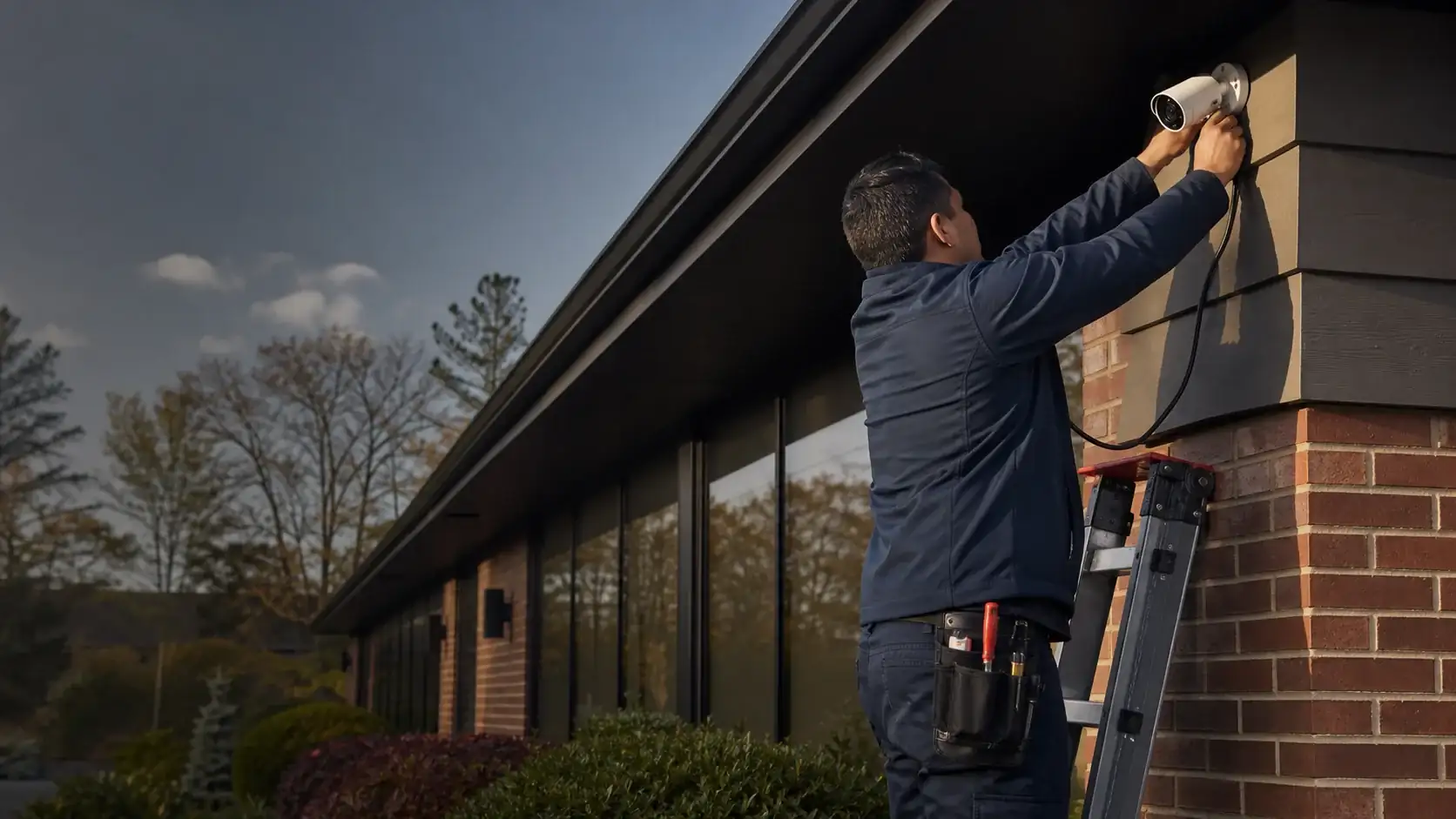 Technician installing an exterior security camera in New Jersey