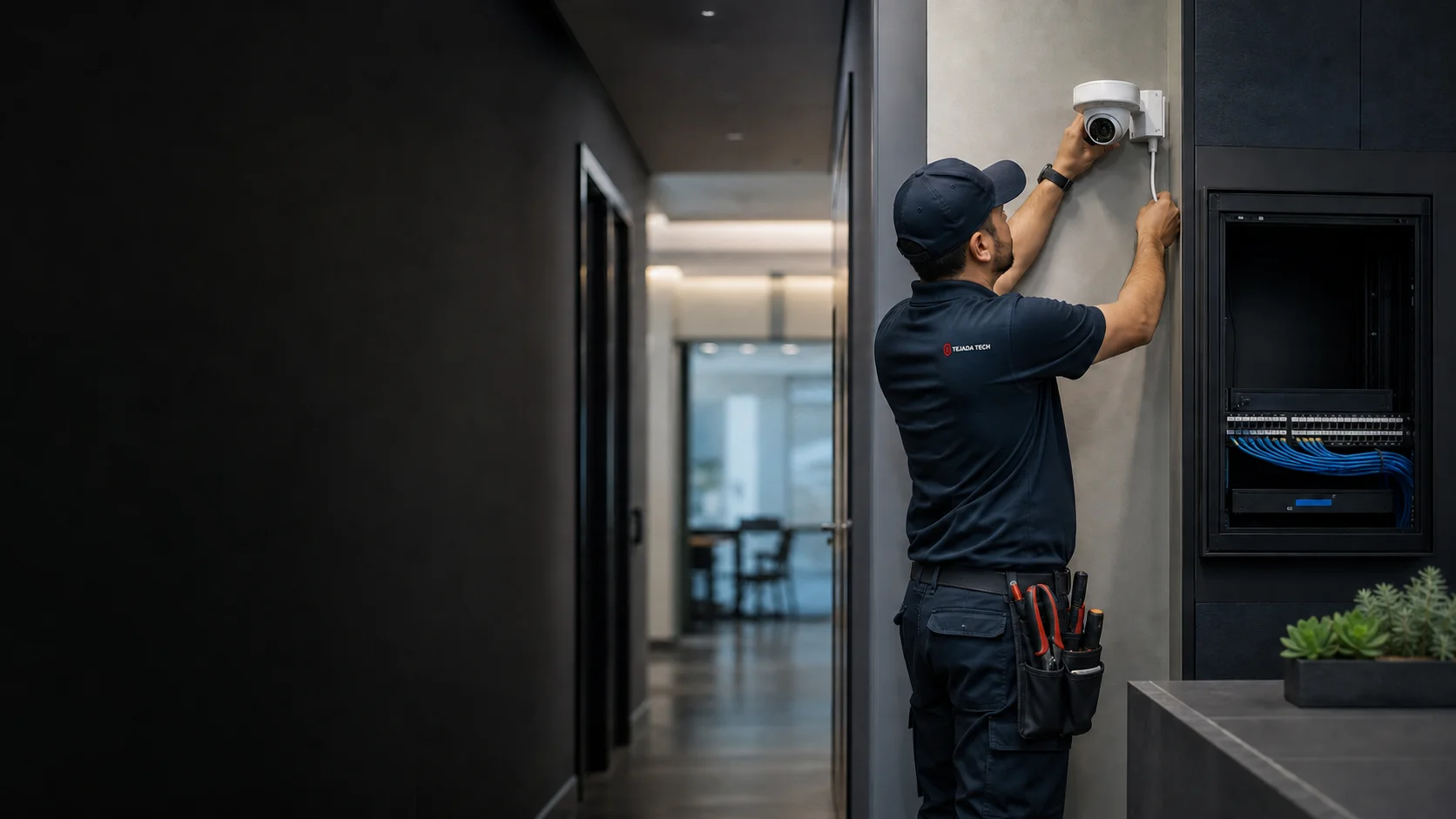 Technician installing a security camera beside organized network cabling