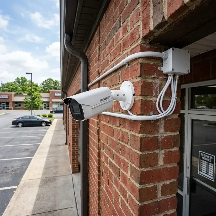 Exterior bullet security camera mounted on brick
