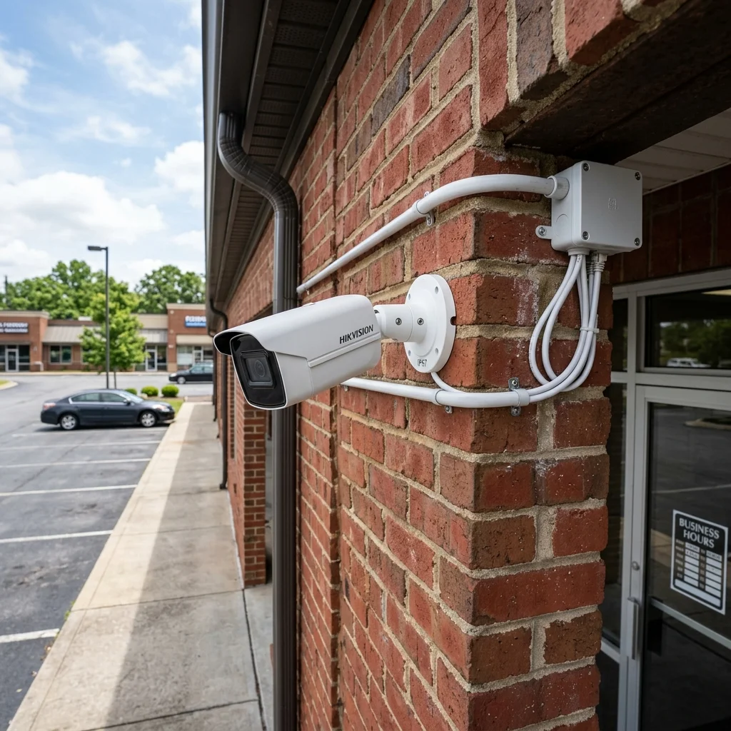 Security camera installation on a Woodbridge commercial building